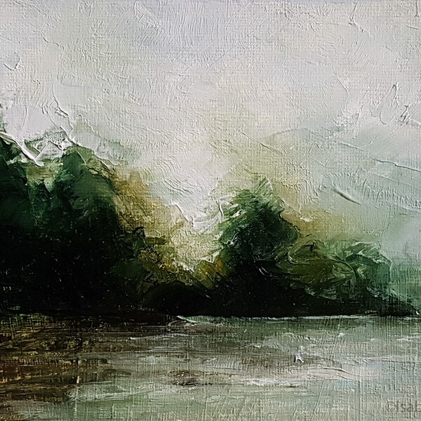 Abstract oil painting landscape, original abstract  landscape, WOODLAND, trees in fog,  countryside  5x7 inches