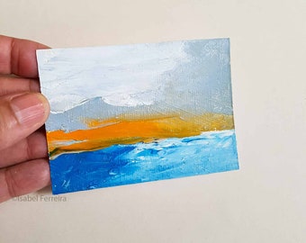 Peinture miniature à l’huile originale- Art ACEO- Paysage marin 99- Peinture originale ATC- Idée cadeau- Art abordable- Petit art-côtier-bleu et orange