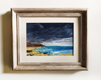 Abstract oil painting landscape, original abstract seascape, NORTH COAST II, sea, England seaside, storm clouds dramatic sky 5x7 inches