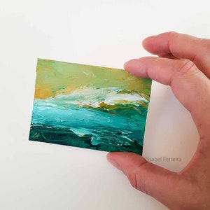 Original abstract oil miniature ACEO Seascape 104 ATC original painting, gift idea, affordable art,minimalist painting, green turquoise image 3