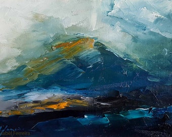 Pittura di paesaggio, SCOTTISH MOUNTAINS VI, dipinto ad olio originale su carta, pittura naturalistica, piccola pittura, espressivo, 5x7 pollici, lago blu