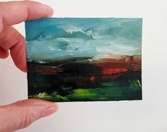 Original oil miniature painting- ACEO art-Happy Days - ATC original painting- gift idea- affordable art- small art-landscape art, mountains