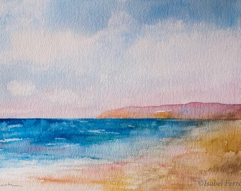 Original watercolor  painting, TURQUOISE SEA, contemporary art, sea, pink sky,watercolor seascape,dramatic clouds,modern