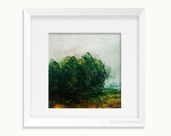 Abstract original painting in oil, green forest small square art on paper, 4x4 inches picture,INTO THE WOODS, rustic modern artwork