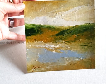 Original Landschaftsgemälde, abstrakte Ölkunst Landschaft, DOWN The MOUNTAIN II, Original Kunst, Geschenkidee, grüne erdige Farben, 6x6 Zoll