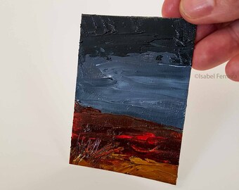 Original landscape oil miniature painting- ACEO art-Night Falling II - ATC original painting- gift idea- affordable art-dark black