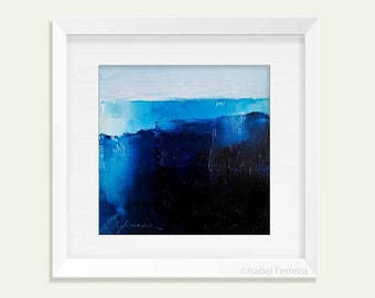 Abstract original painting in oil, blue sea small square art on paper, 4x4 inches picture, DEEP BLUE, seascape and coastal modern artwork