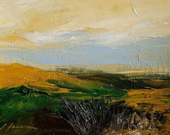 Abstraktes Landschaftsgemälde in Öl, original abstrakte Kunst, Ein angenehmer Tag, ausdrucksstark, erdige Farben, moderne Kunst, 15x7 cm