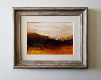 Abstract oil painting landscape, original abstract art, GLOWING, expressive brush strokes, atmospheric colors, 5x7 inches