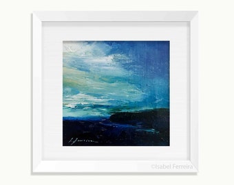 Abstract original painting in oil, dark blue sea small square art on paper, 4x4 inches picture, SEASCAPE 105, seascape and coastal artwork