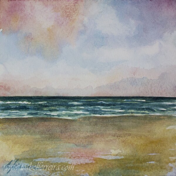 Original watercolor  painting, beach painting, PINK SKY, seascape painting, beach art,