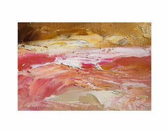 Peinture abstraite de paysage, art original- peinture à l’huile-PAYSAGE ROSE- expressif moderne 6x4 pouces, idée cadeau, paysage coloré