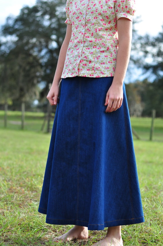 Girl long full skirt denim blue jean w/ lace modest size 2 3 4 5 6 7 8 10 12 14 