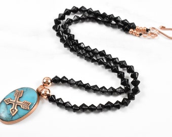 15-1/2" All Copper Natural Turquoise Oval Pendant & Black Glass Beaded Necklace