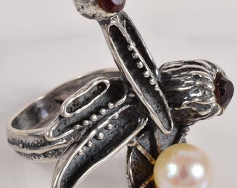Vintage Hand Cast Garnet and Saltwater Pearl Sterling Silver 925 Ring Size 7-1/4