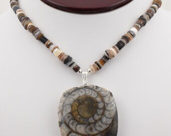 24" Heishi Style Horn & Ammonite Fossil Pendant Sterling Silver 925 Necklace