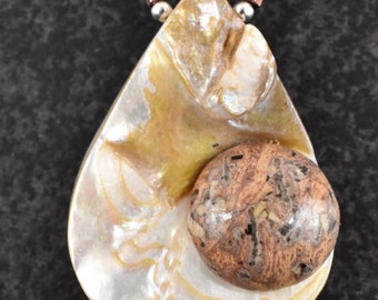 Boho Chic Mother of Pearl Shell+Forest Agate Bead Necklace & Sterling Clasp 18"