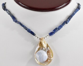 Charming Boho Chic Lapis/Mother of Pearl/Agate Necklace with Sterling Clasp 18"