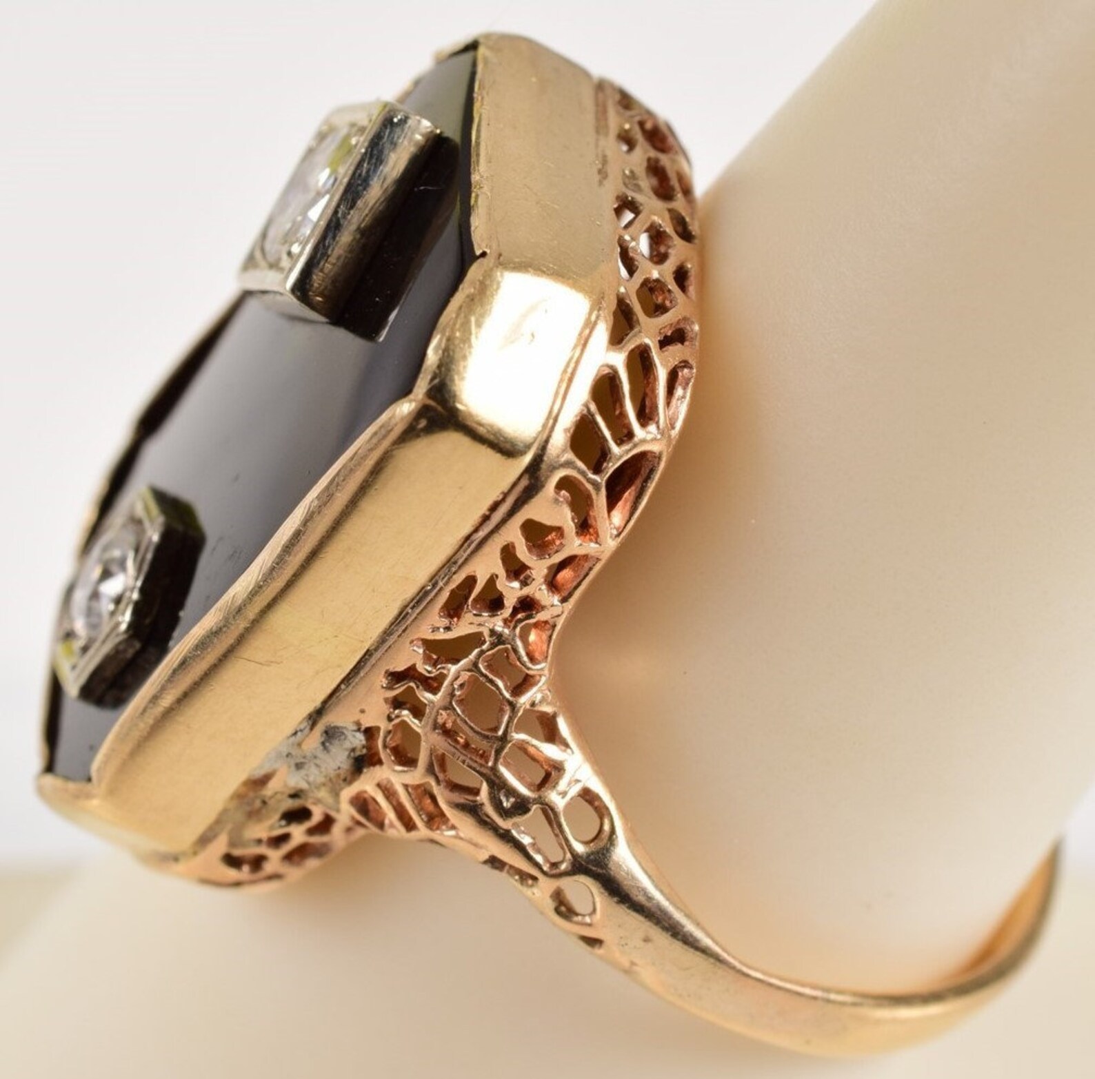 14K Gold Black Onyx & Diamond Ring with Filigree Sides Size Etsy