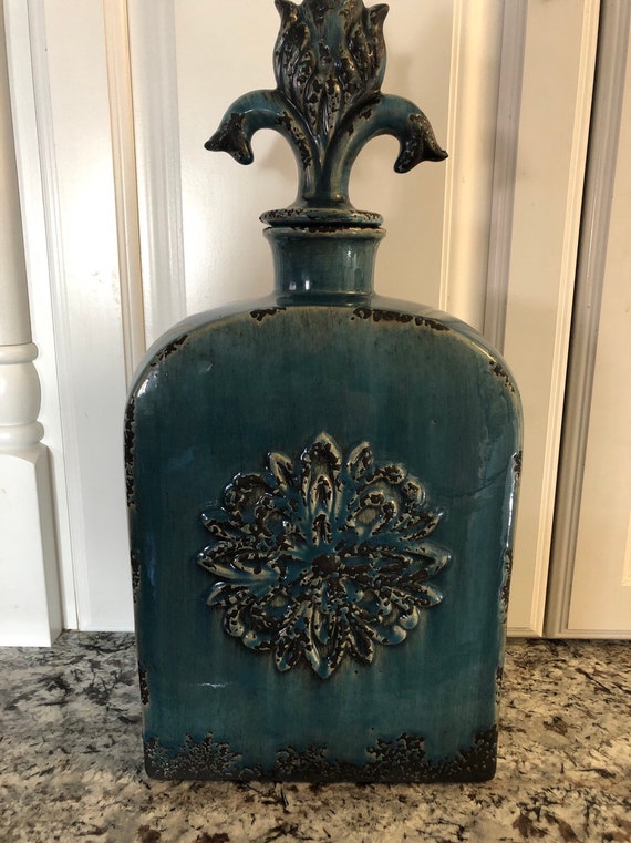 Teal Brown Tall Decanter Home Decor Pier One Style Decor Etsy