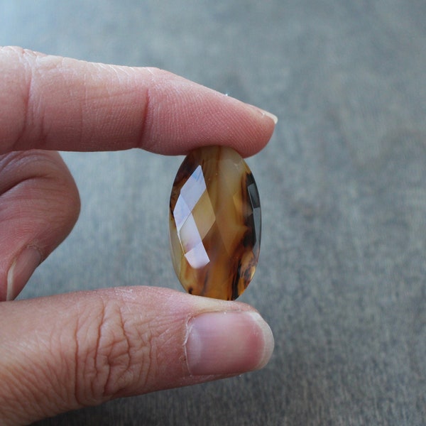 Checkerboard-Cut, Montana Agate Cabochon, Earth-Tone Colors, Sparkling Facets, Ring or Pendant Size, Natural Agate Gemstone, 26x14mm