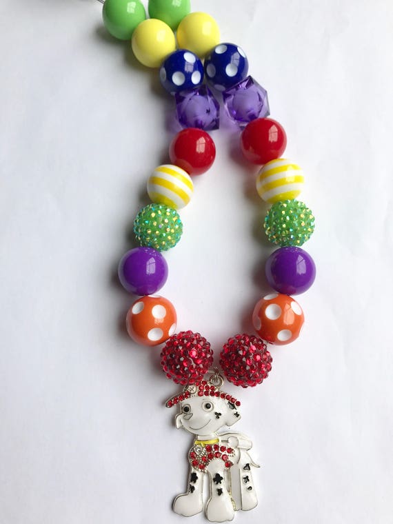 Rhinestone Paw Patrol Marshall Pendant Chunky Bubblegum Bead Necklace