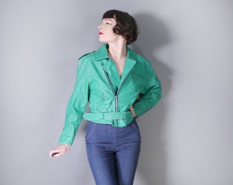 80s BORN FREE light GREEN cropped leather biker jacket with red lining and belt - 1980s rock n' roll / punk leather - m-l