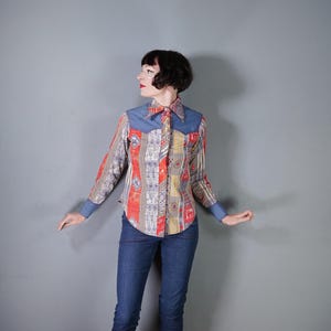 Jaren 70 1970s kleurrijk cowboy- / westernshirt met PATCHWORK-print - xs-s