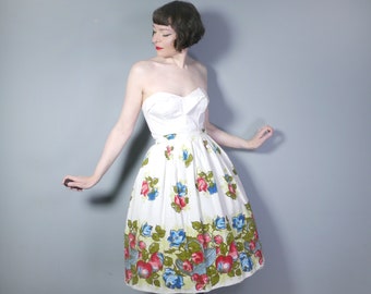 50s white NOVELTY border skirt with FRUIT and flower BASKET print - 1950s full swing skirt byBandola - 26"