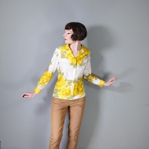 60s huge YELLOW ROSE print floral cotton shirt - vibrant romantic summer blouse by Vera S-M