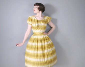 50s MUSTARD yellow FLORAL cotton sun dress with ruched shelf bust, princess puff sleeve and full skirt - S