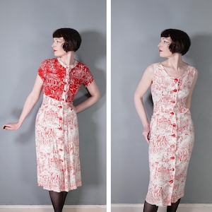 40s 50s RED and white NOVELTY dress and bolero by Vicky Vaughn - 1940s PARISIAN? French city / street scene print 2 piece dress - S