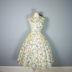 50s BUTTERFLY print dress in with RHINESTONE studs and back buttoning Mid Century NOVELTY full skirted dress S image 5