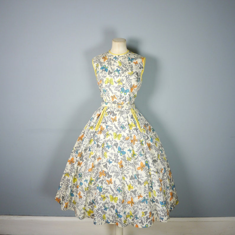50s BUTTERFLY print dress in with RHINESTONE studs and back buttoning Mid Century NOVELTY full skirted dress S image 5