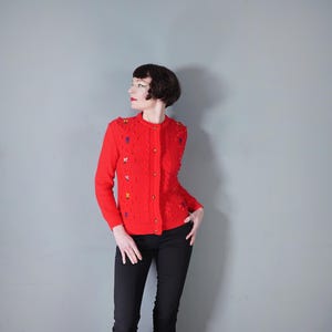80s Tyrolean FOLKLORE bobble knit EMBROIDERED bold red cardigan - Austrian / Bavarian traditional folk sweater - M