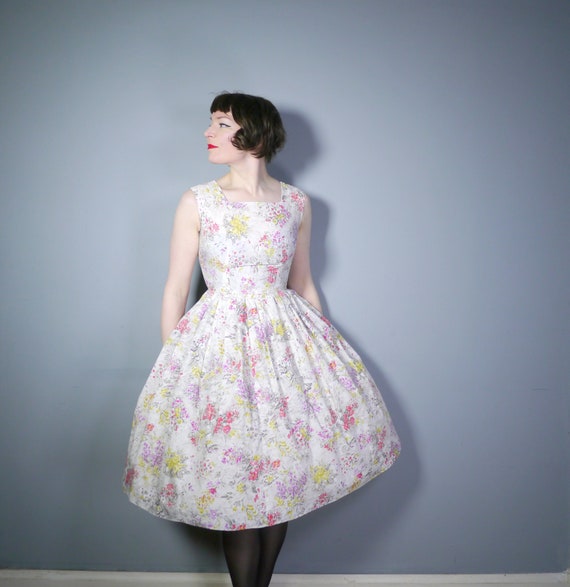 WHITE 50s dress with semi abstract FLORAL print in