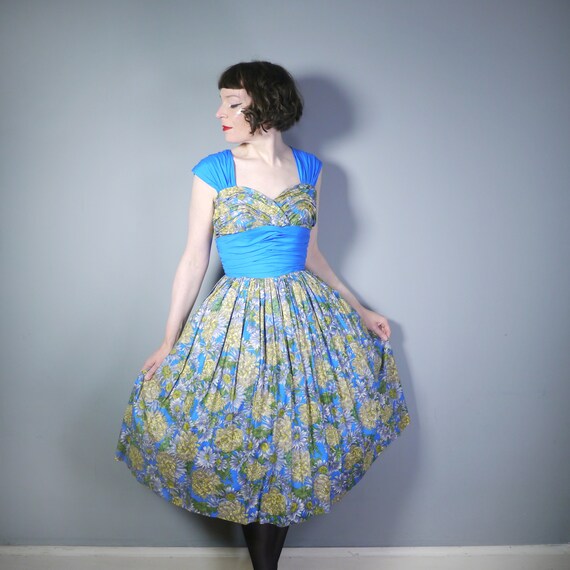50er 60er BLAUES UND GELBEs florales Partykleid Mid Century - Etsy
