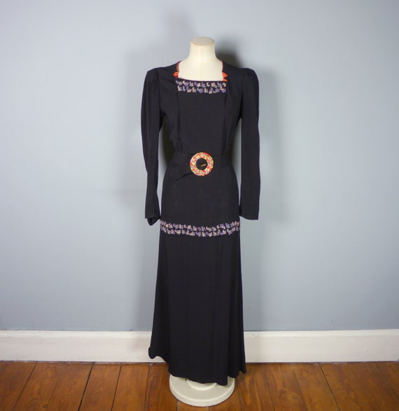 30s 40s BLACK crepe dress with BEADED peplum and … - image 5