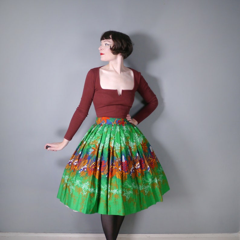 80s does 50s BRIGHT GREEN exotic LEAF print autumnal full swing skirt 28 image 3