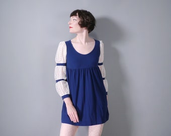 60s BLUE VELOUR gothic mini empire MOD / gogo babydoll dress with lace sleeve - xs / petite