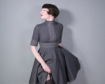 JEAN VARON grey wool full circle SKATER dress with choker collar - 70s fit and flare short dress - xs-s