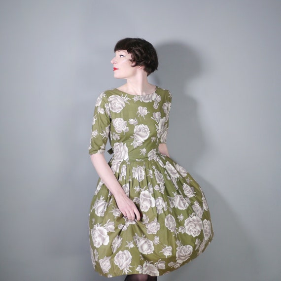OLIVE Green 50s Dress With Large Grey White ROSE Floral Print Mid