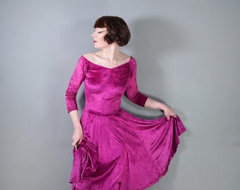 80s 1980s "ESPECIALLY" Betsey Johanson magenta crushed velour velvet full skirted fit and flare gothic punk dress - xs