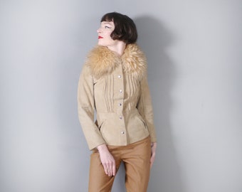 70s sand coloured suede LEATHER Penny Lane style BOHEMIAN fitted jacket with huge fluffy SHEEPSKIN collar - xs
