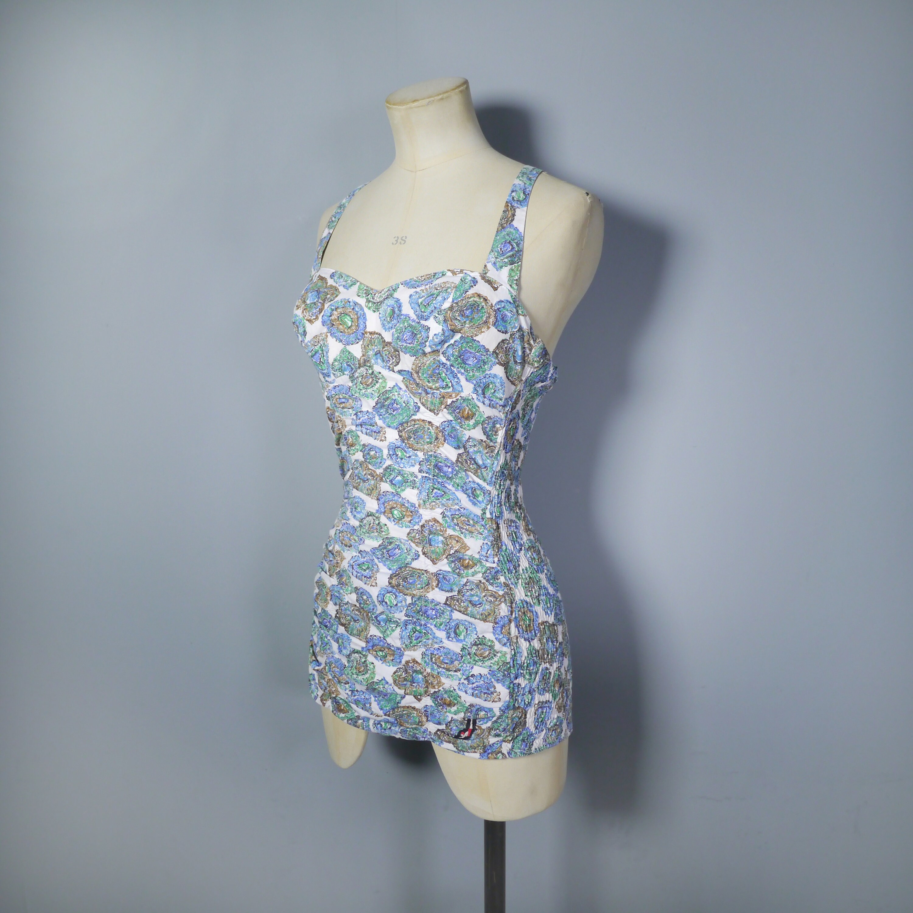 50s JANTZEN Novelty Gem Print Swimsuit in SHIRRED Cotton 50s JANTZEN Novelty Gem Print Swimsuit in SHIRRED Cotton