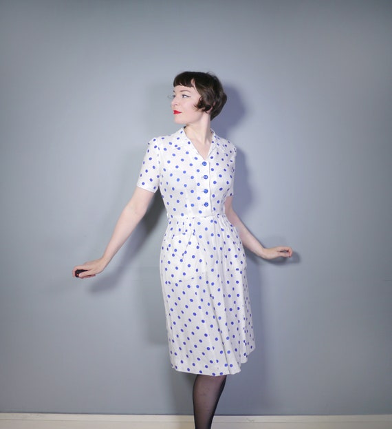late 40s PEGGY PAGE dress in white with blue POLKA