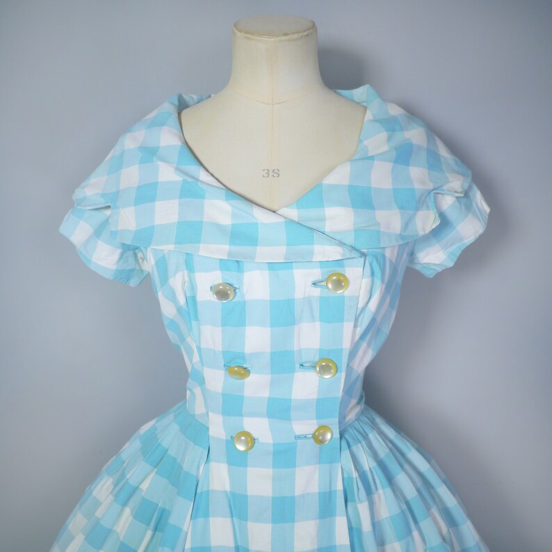 S shawl collar and full skirt 50s light BLUE WHITE check dress with double breasted front