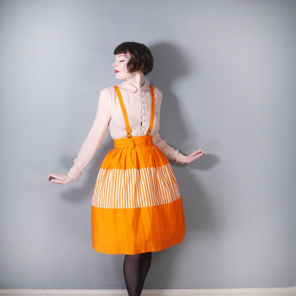 Bright ORANGE striped late 50s PINAFORE skirt - 1950s full skirt with BRACES - 25"