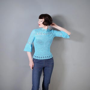 Vintage 60s 70s handmade TURQUOISE / light blue bell sleeve LACE CROCHET bohemian blouse top - S
