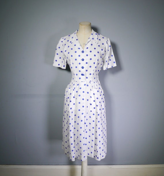 late 40s PEGGY PAGE dress in white with blue POLK… - image 5